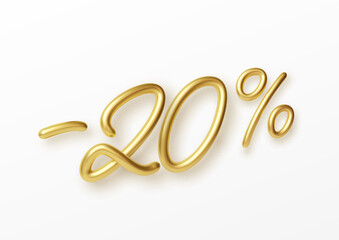 Realistic golden text 20 percent discount number. Vector illustration