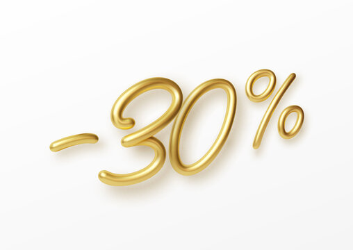 Realistic golden text 30 percent discount number. Vector illustration
