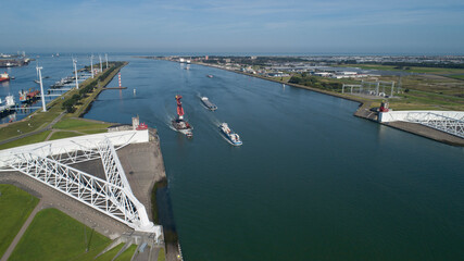 Aerial picture of Maeslantkering storm surge barrier on the Nieuwe Waterweg