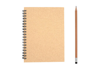 Top view above of brown spiral notebook and pencil isolated on white background for design a mockup. Education and business concept. flat lay  with clipping path.