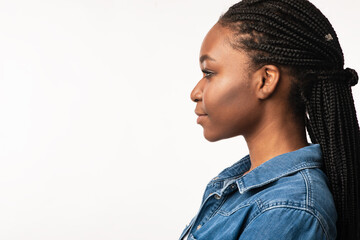 Girl With Braided Hairstyle Posing On White Background, Profile Portrait © Prostock-studio