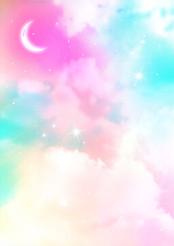 三日月と星とふわふわの雲 カラフルなパステルカラーの空の背景素材 Ilustracion De Stock Adobe Stock