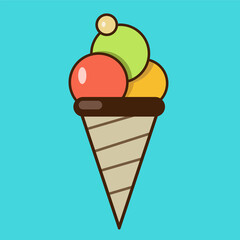 Vector ice cream with tree balls. Ice cream balls are pink, green, yellow. Pastel color of ice cream. Ice cream in a crispy cone.