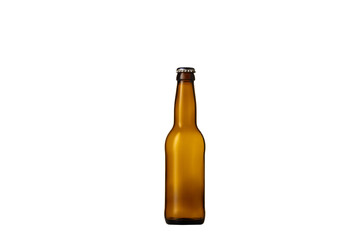 Empty golden colored beer bottle. One object isolated on white studio background. Concept of beer, beverage, entertainment and alcohol. Copyspace for your bar, restaurant, brewery or shop advertising.