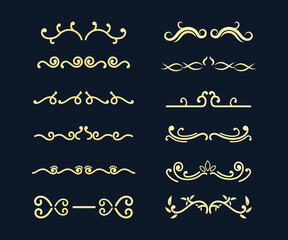 set Luxury Gold vintage invitation filigree decoration Ornamental curls, dividers, Border design and golden components design for wedding invite, menus, certificates, boutiques, spa and logo design