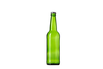 Empty green colored beer bottle. One object isolated on white studio background. Concept of beer, beverage, entertainment and alcohol. Copyspace for your bar, restaurant, brewery or shop advertising.