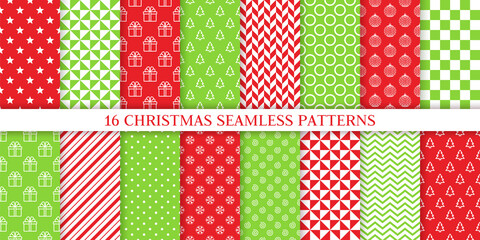 Xmas seamless pattern. Vector. Christmas, New year print. Backgrounds with gift box, snowflake, stripe, ball, zigzag and polka dot. Set of noel textures. Festive wrapping paper. Red green illustration