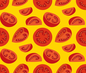 Red Tomatoes. Vegetable salad. Modern yellow seamless pattern for creating print design, business cards, posters, flyers, web, banners, corporate identity.