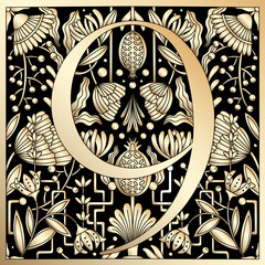 Vintage retro illustration in an engraving great gatsby style of the number nine, flowers, branches and leaves. Art Nouveau and art Deco style. Symmetrical image with gold colors