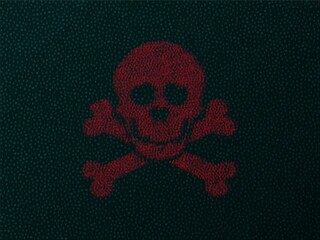 Virus bug code. Red abstract crossbones skull background of green code threat of hacking.