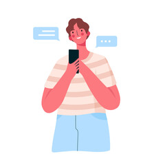 Young happy man with smartphone chatting with friends,family,girlfriend. Male with mobile phone Browsing Internet, Blogging. Social networks. Internet communication.Cartoon flat vector illustration