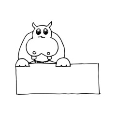 Illustration of a ready to print label featuring a cute hippopotamus. Vector illustration art. Hand drawn animals.