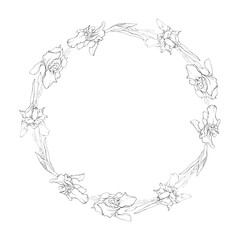 Floral round frame with outline irises flowers. Copy space. Black and white. Drawn by hand. Sketch. Contour drawing for greeting cards, invitation. Vector illustration.