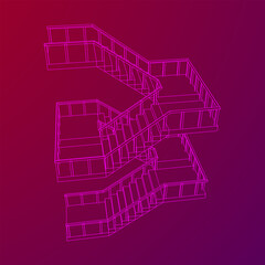 Wireframe stairs, interior staircases steps with railing. Wireframe low poly mesh vector illustration.
