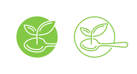 Plant proteins vegetarian food stamp - healthy nutrition icon for food pruducts packaging - green circle with outline leaf and spoon inside - isolated vector emblem