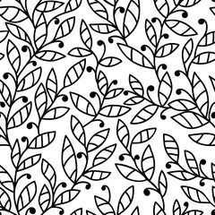 Hand drawn black fantasy leaf with simple decor on white background. Seamless doodle floral pattern. Suitable for textile, packaging, wallpaper.