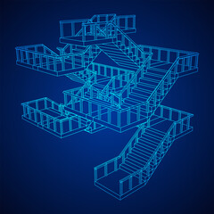 Wireframe stairs, interior staircases steps with railing. Wireframe low poly mesh vector illustration.