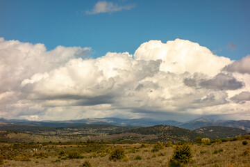 Landscape with far view of mountains on Saint James way, Camino de Levante from Toledo to Avila, Spain

