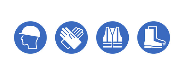 PPE required caution sign - Personal protective equipment icons set for industry and working areas under construction - isolated vector collection