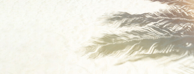 Palm leaf shadows on a white sand on tropical beach. Trendy holiday concept. Selective focus. Yellow toned.