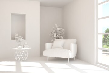 White cozy minimalist room with armchair. Scandinavian interior design. 3D illustration