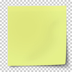 Office yellow-green paper sticker with bent lower right corner isolated on transparent background. Template vector post note. - obrazy, fototapety, plakaty