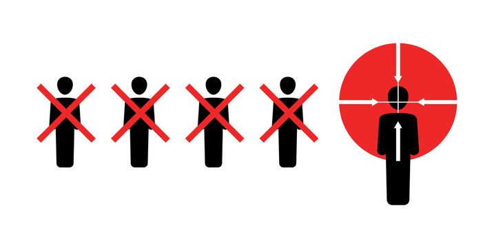 World terrorism danger - extremism, agression and human assassination problems comcept - crossed out people silhouettes (victims) and one person aiming with optical sight - isolated vector concept