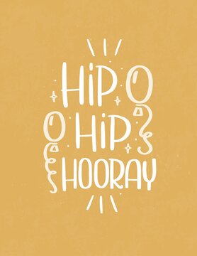 Hip hip hooray greeting card vector design. Birthday celebration party decor with balloon, swirl tie, stars doodle images and handwritten modern lettering phrase on a golden yellow background.