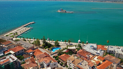 Fototapeta na wymiar Aerial drone photo of picturesque and historic old town of Nafplio in the slopes of Palamidi fortress and Acronafplia, Argolida, Peloponnese, Greece