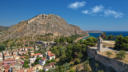 Obraz premium Aerial drone photo of picturesque and historic old town of Nafplio in the slopes of Palamidi fortress and Acronafplia, Argolida, Peloponnese, Greece