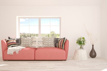 White stylish living room with coral sofa. Color of the 2019 year. Scandinavian interior design. 3D illustration