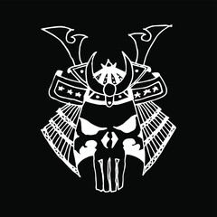 Shogun skull. Warrior skull. Traditional armor of japanese warrior. Hand drawn illustration. Isolated on black background.