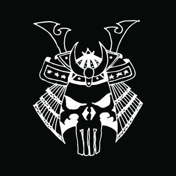 recommend clip art: Shogun skull. Warrior skull. Traditional armor of japanese warrior. Hand drawn illustration. Isolated on black background.