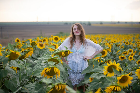 Beautiful young girl posing in a sunflower field at sunset 