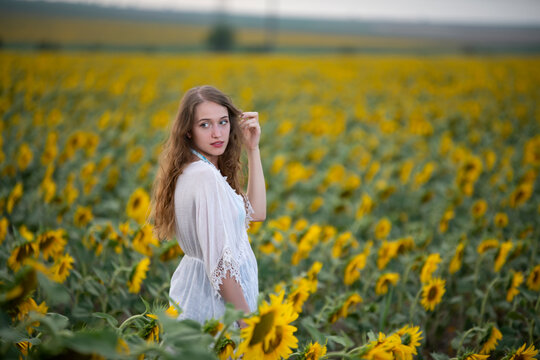 Beautiful young girl posing in a sunflower field at sunset 