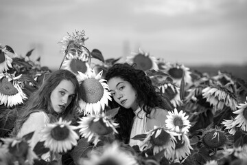 Beautiful young girls posing together at sunset in a sunflower field