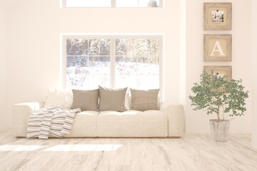White stylish minimalist room with sofa and winter landscape in window. Scandinavian interior design. 3D illustration