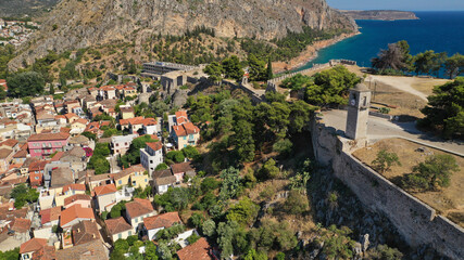 Fototapeta na wymiar Aerial drone photo of picturesque village of Nafplio in the slopes of Palamidi fortress and Acronafplia, Argolida, Peloponnese, Greece