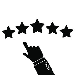 Customer review concept. Vector. Rating golden stars icon. Feedback illustration sign, reputation and quality symbol. Hand pointing, finger pointing to five star rating.
