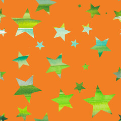 Seamless pattern with textured watercolor stars on orange background