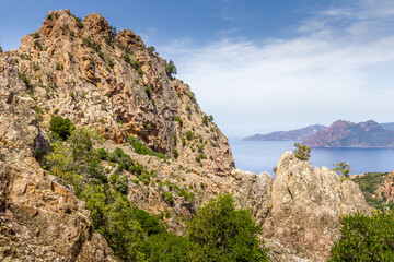 Fototapeta na wymiar The Calanques de Piana and the sea in Corsica, France