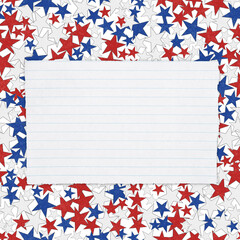 Fototapeta premium Torn piece of white notepad paper with lines on red, white and blue stars paper background