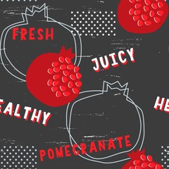 Pomegranate seamless pattern with simple fruit shapes on a masculine grunge texture black background. Vector repeat design with fresh, juicy, healthy lettering combined with natural food objects.