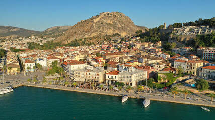 Fototapeta na wymiar Aerial drone photo of picturesque and historic old town of Nafplio in the slopes of Palamidi fortress and Acronafplia, Argolida, Peloponnese, Greece