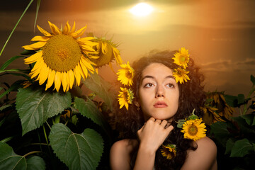 Beautiful young girl posing at sunset in a sunflower field 