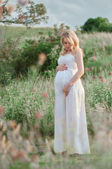 Fototapeta na wymiar Young blonde Russian pregnant girl in a white dress on a background of nature