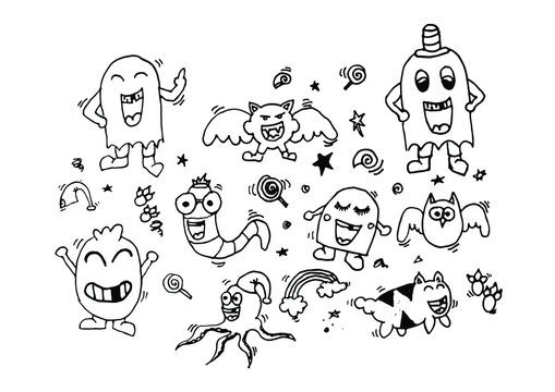 Doodle set of objects from a toothless laugh, black and white outline. Funny cartoon with cute childish face expressions, toothless smile, amazed emotion, emoji, emoticon, funny monster