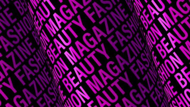 BEAUTY FASHION MAGAZINE purple text word tube rotating animation seamless loop background. 4K 3D rendering text cylinder kinetic looping for your fashion title or trailer footage.