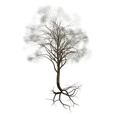 beautiful leafless tree with branches, twigs and roots (3d nature illustration isolated on a black background)