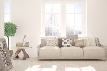 White stylish minimalist room with sofa and winter landscape in window. Scandinavian interior design. 3D illustration